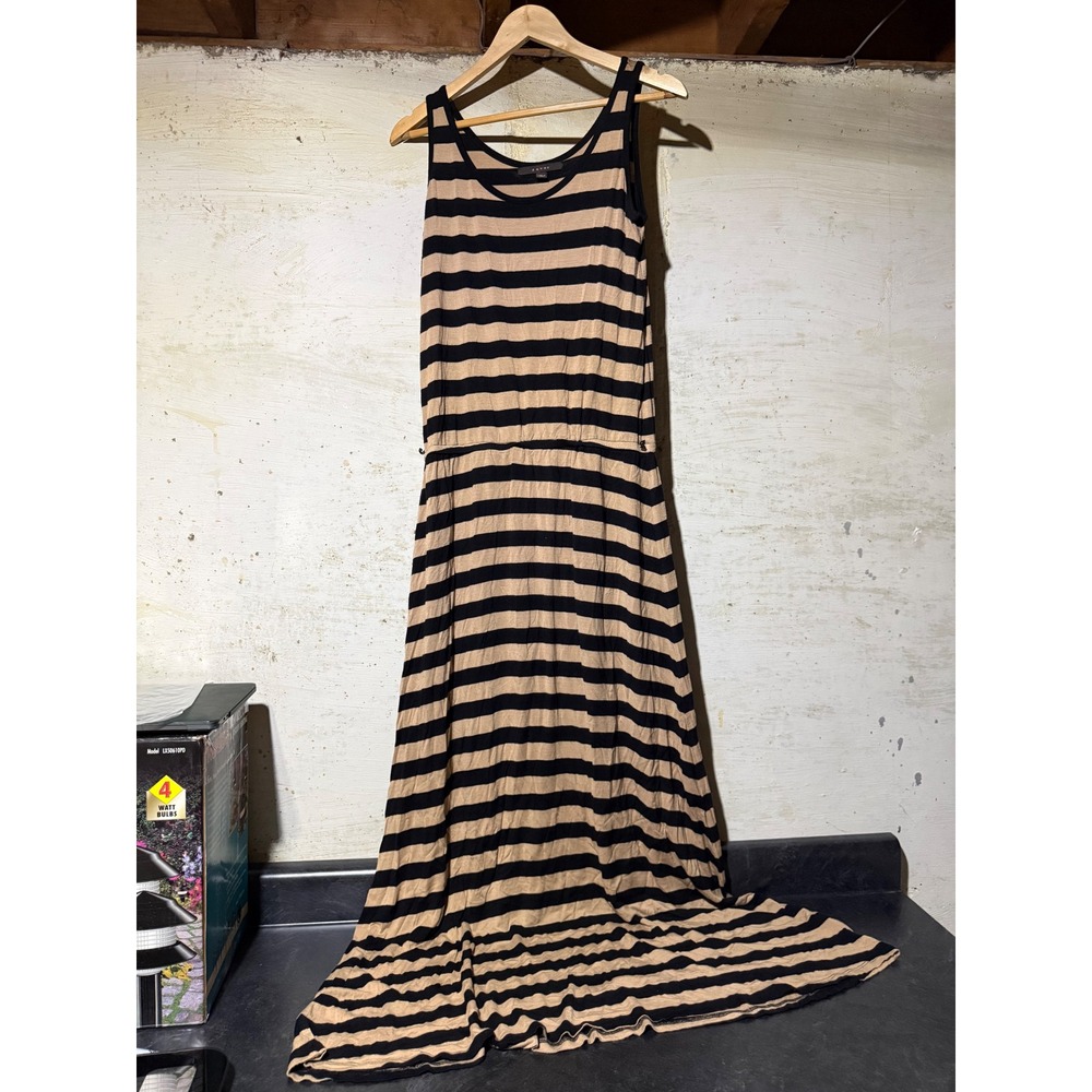 Fever Womens Striped Sleeveless Maxi Dress Tan Black Elastic Waist Medium Beach
